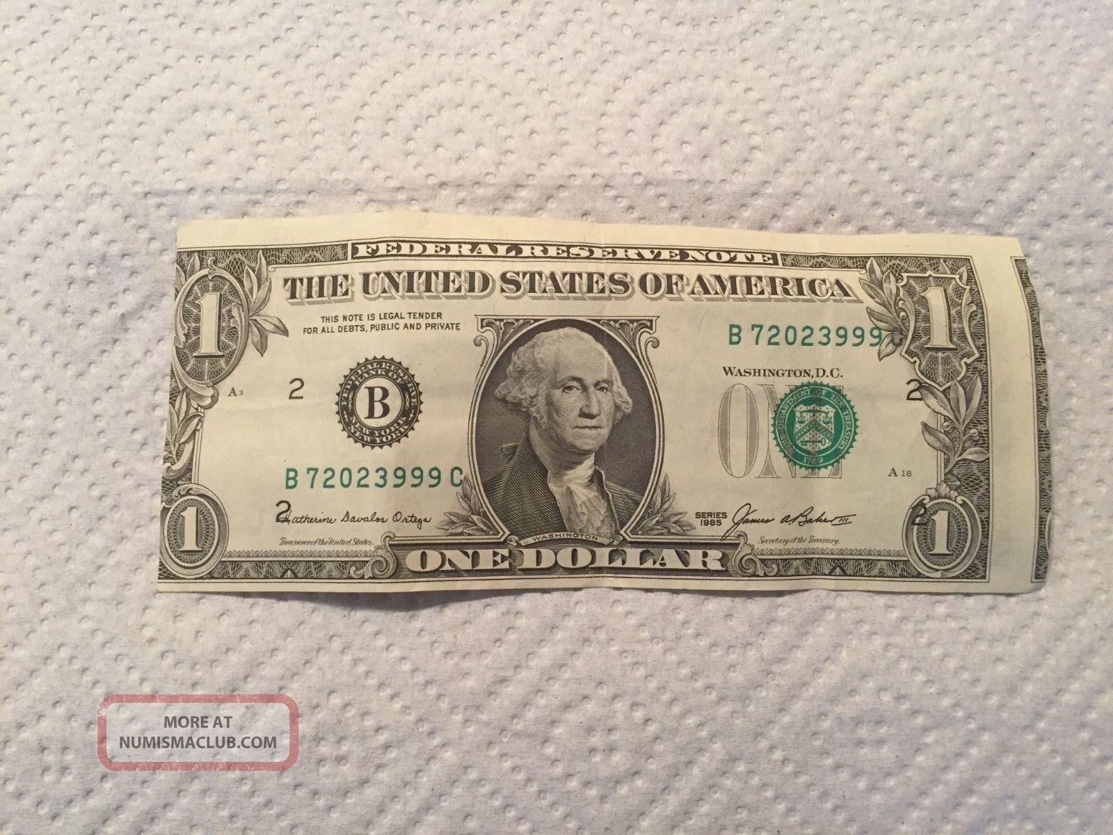 1985 Misprint Us Green Seal One Dollar Bill Small Size Notes photo
