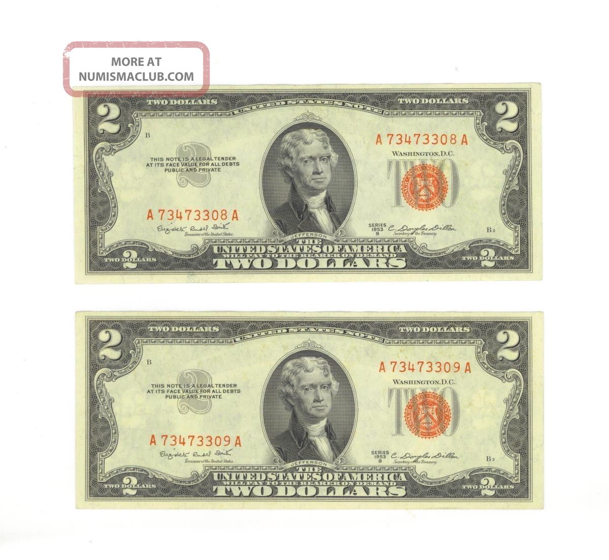 Us Series 1953 B Red Seal $2 (two Dollar Bill) (2) Small Size Notes photo