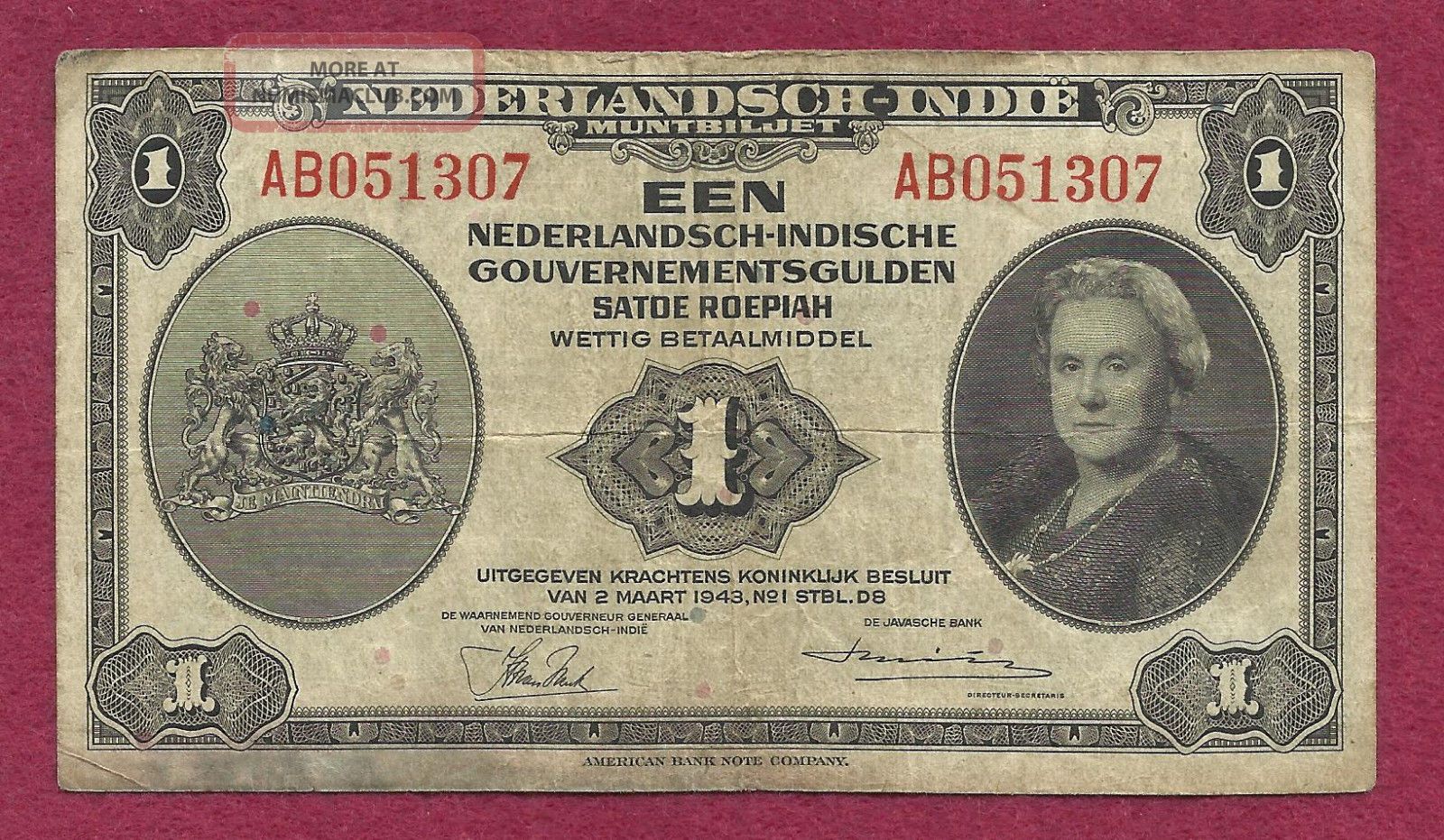 Netherlands Indies 1 Gulden 1943 Banknote Ab051307 Queen Wlhelmina Wwii Currency Europe photo