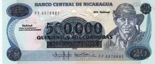 Nicaragua 500,  000 On 20 Cordobas Banknote 1990 (pick 163) Unc photo
