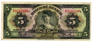 Mexico.  P - 34a.  5 Pesos.  22 - Sep - 1937.  Ch.  Vf Serie M. photo