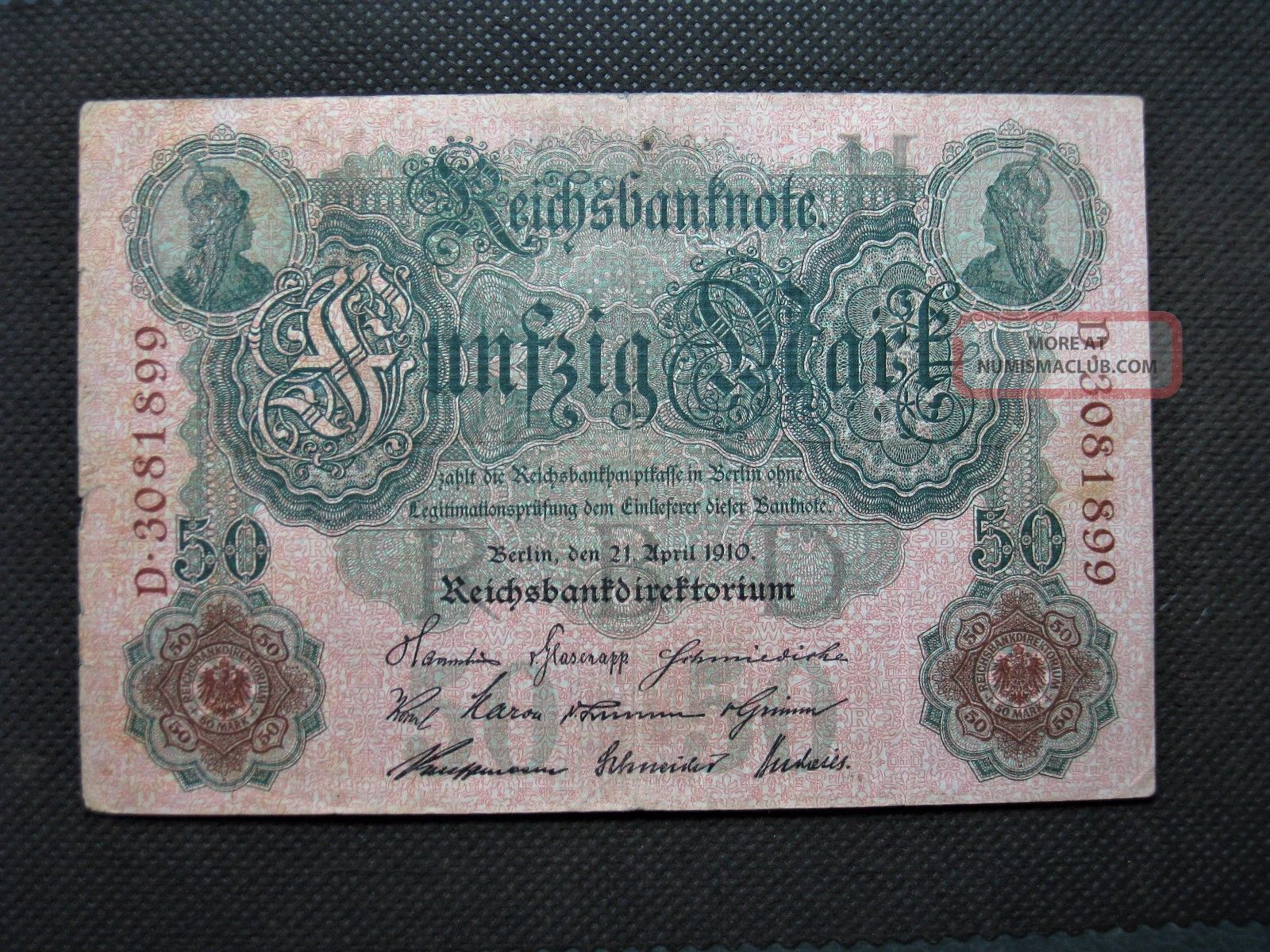 Old Bank Note Germany 50 Reichsbanknote 1910 Empire Nr.  D3081899 Europe photo