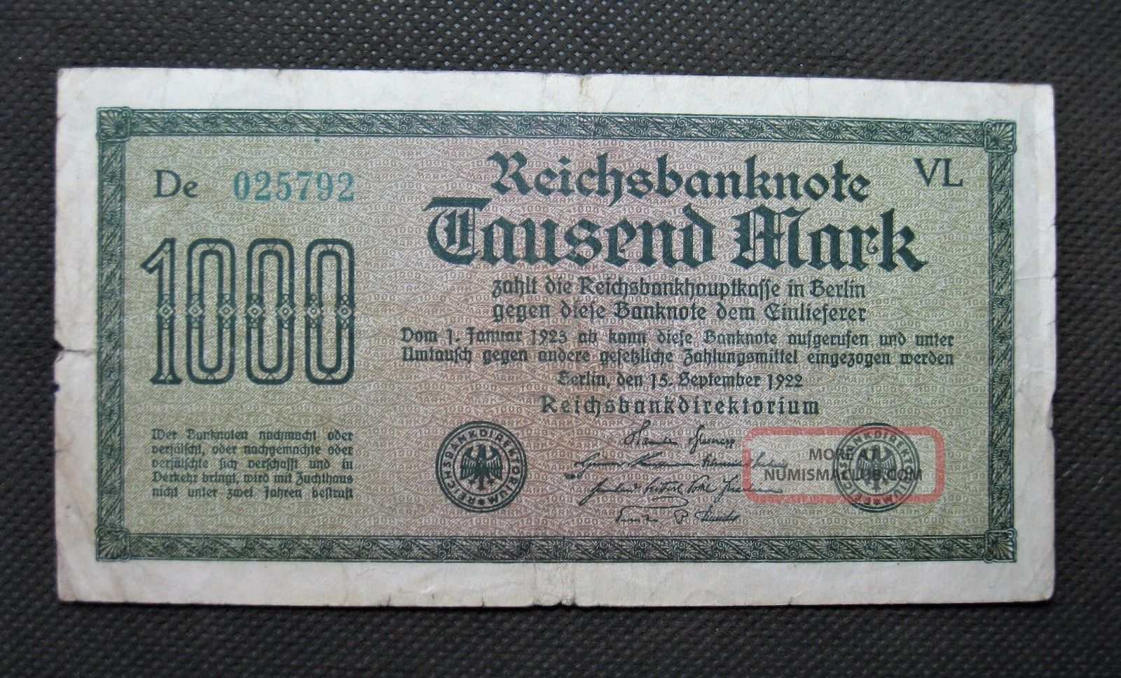Old Bank Note Germany 1000 Reichsbanknote 1922 Weimar Republic De 025792 Vl Europe photo