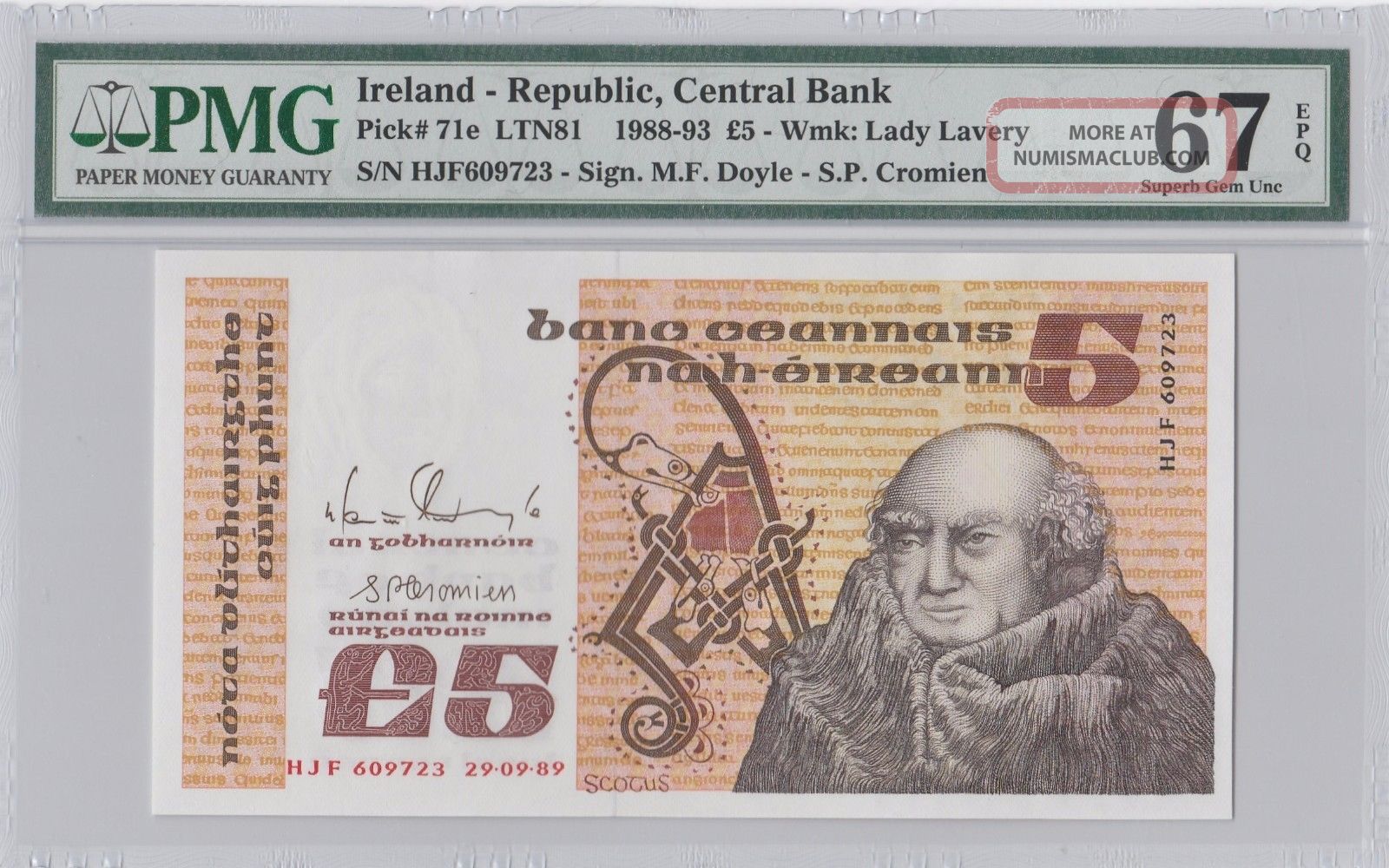 1988 - 93 £5 Pounds Ireland Pmg 67epq Gem Unc Europe photo