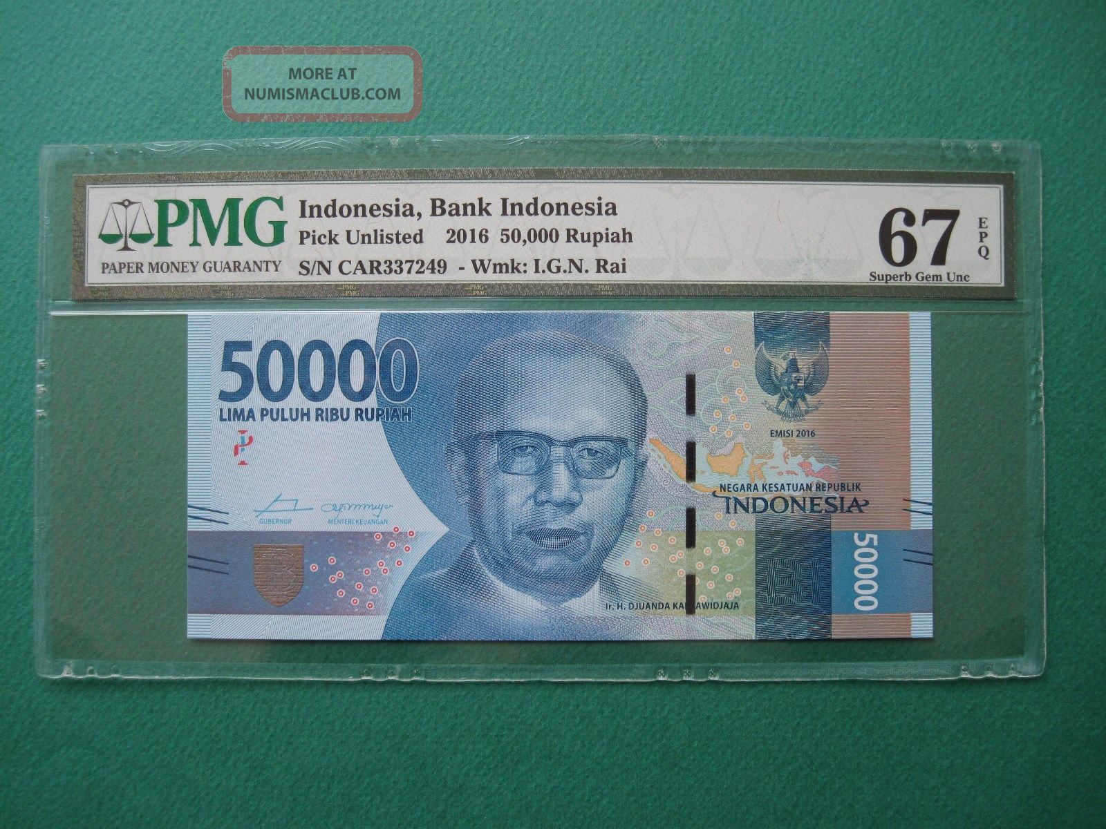 2016 Indonesia 50, 000 Rupiah Pmg 67 Epq Gem Unc
