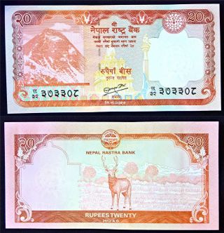20 Rupees Nepal Currency 2015 Printing Mt.  Everest,  Swamp Deer Unc photo