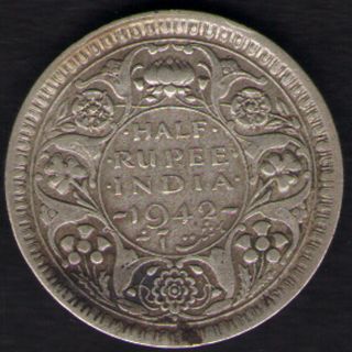 British India - 1942 - George Vi 1/2 Rupee Silver Coin Ex - Rare Coin photo