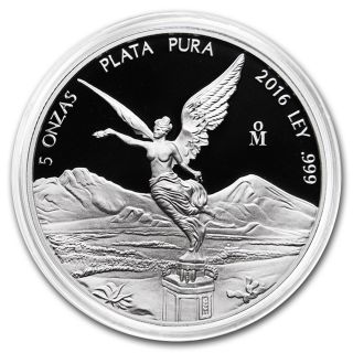 Mexican Libertad 5 Oz Proof Silver Coin Encapsulated Mexico 2016 Collectible photo