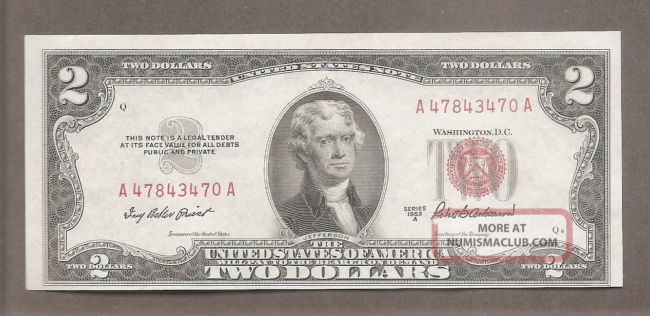 1953 A - $2 Gem Cu Red Seal Miscut Note Paper Money: US photo