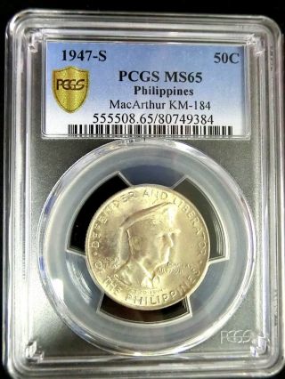 Philippines 1947s General Doublas Pcgs Ms65 Secure Gembu Silver 50 Cents Scarce photo