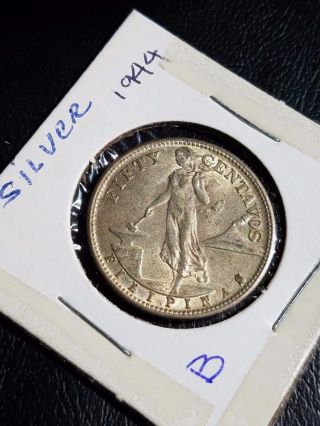 1944 Philippines 50 Centavos Silver Coin Km 183 photo