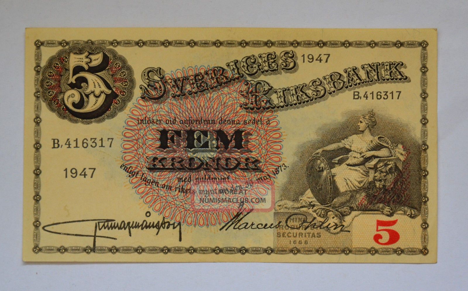 Sweden 5 Kronor 1947 In Au Unc Crisp Banknote Look At Signature Europe photo