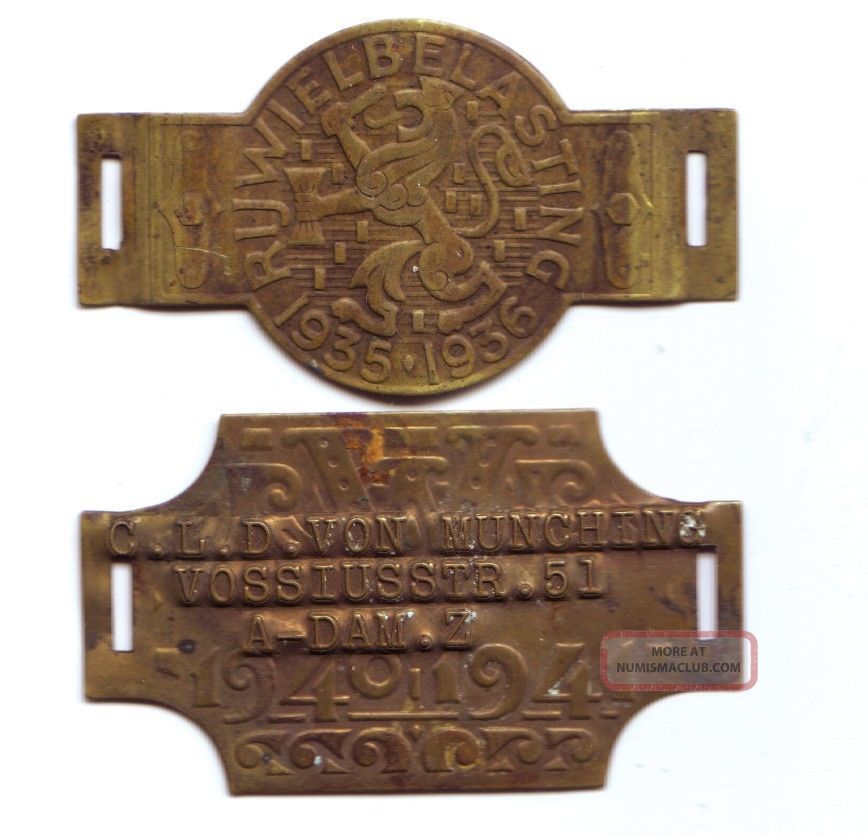 2 German Brass Tags,  1935 - 1936 And 1940 - 1941 Exonumia photo