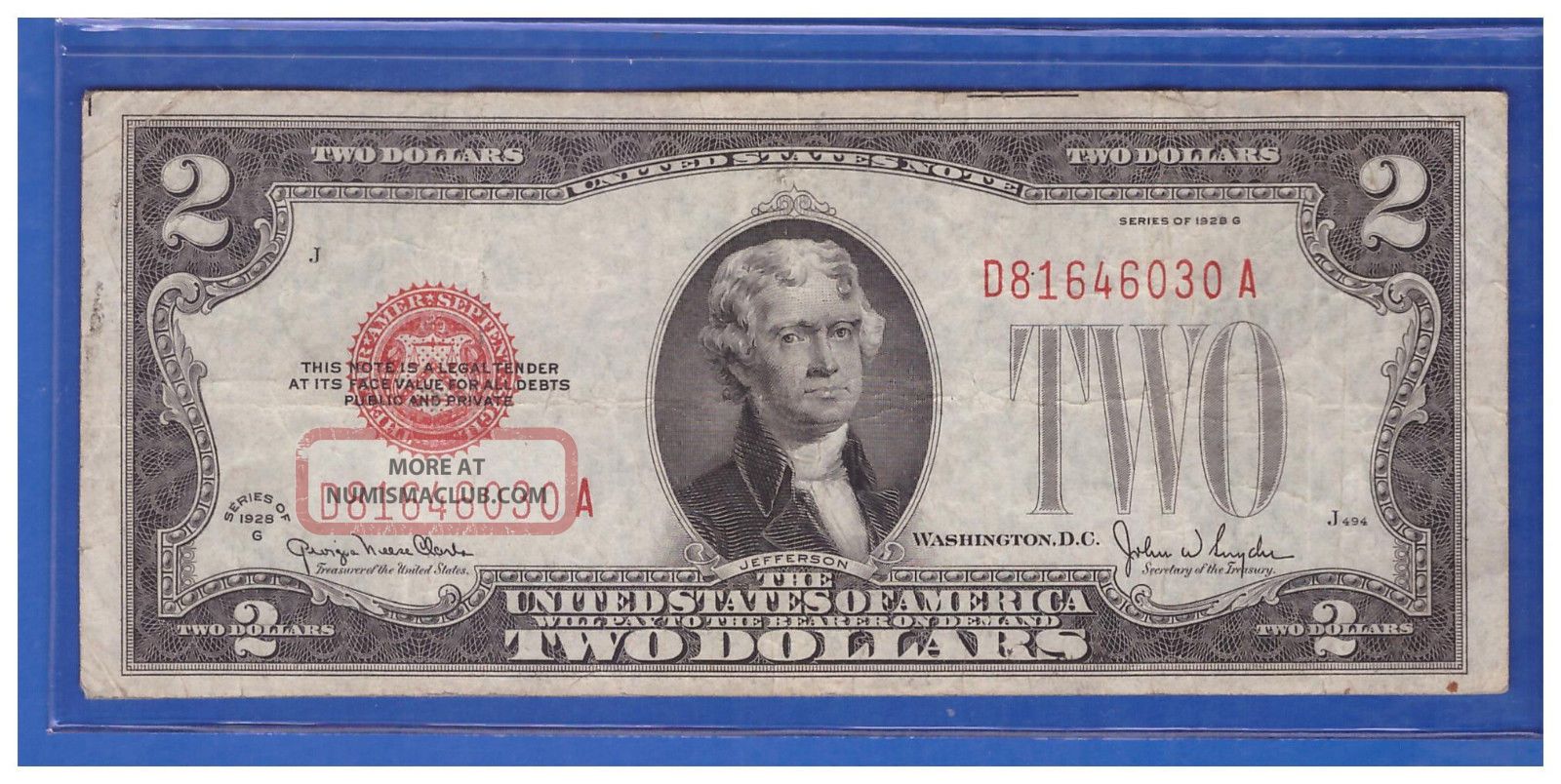 1928g $2 Dollar Bill Old Us Note Legal Tender Paper Money Currency Red Sl M880 Small Size Notes photo