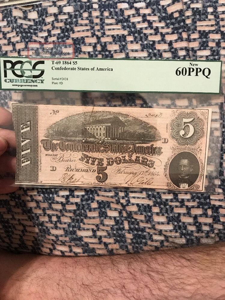 1864 $5 Dollar Bill Confederate States Currency Civil War Note T - 69 Psgc Graded Paper Money: US photo