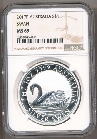 2017 - P Australia 1oz Silver Swan $1 Ngc Ms - 69 1st Year Low Mintage photo