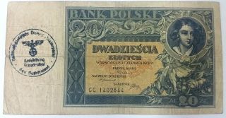Zlotych 20 Polska 1931 Germany Occupation Banknote Nazi Stamp Woffen Ss 844 photo