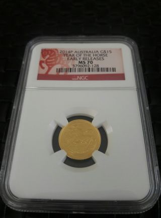 2014 - P $15 Australia Lunar Gold Horse Ngc Ms70 Er Gold Coin 1/10 Oz photo