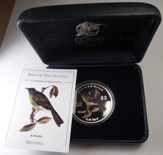 2005 Cook Islands 2 Dollars Bell Bird 1 Oz Silver Coin Box photo