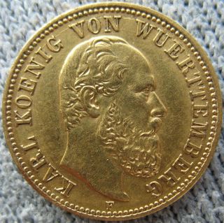 1877 - F German Wurttemberg Gold 5 Mark photo