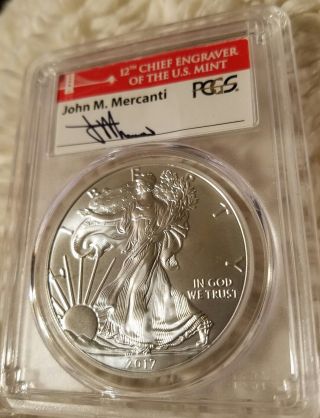 2017 Silver Eagle Pcgs Ms70 First Day Of Issue John Mercanti Signature Red Label photo