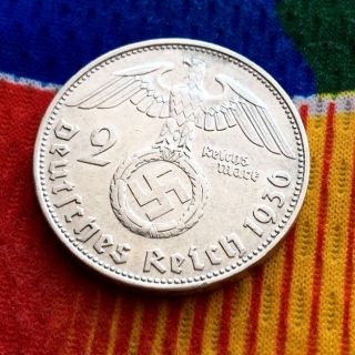 1936 D 2 Mark German Wwii Silver Coin Third Reich Reichsmark 5 Star photo