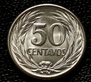 1953 El Salvador 50 Centavos.  Lustrous Gem Bu White.  90 Silver.  One Year Type photo