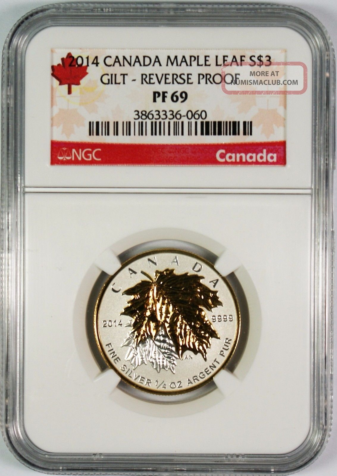 2014 $3 Canada Gilt Reverse Proof 1/4 Oz.  Silver Maple Leaf Ngc Pf69 Coins: Canada photo