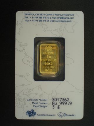 5 Gram Pamp Suisse 999.  9 Gold Bullion Bar In Assay Card photo