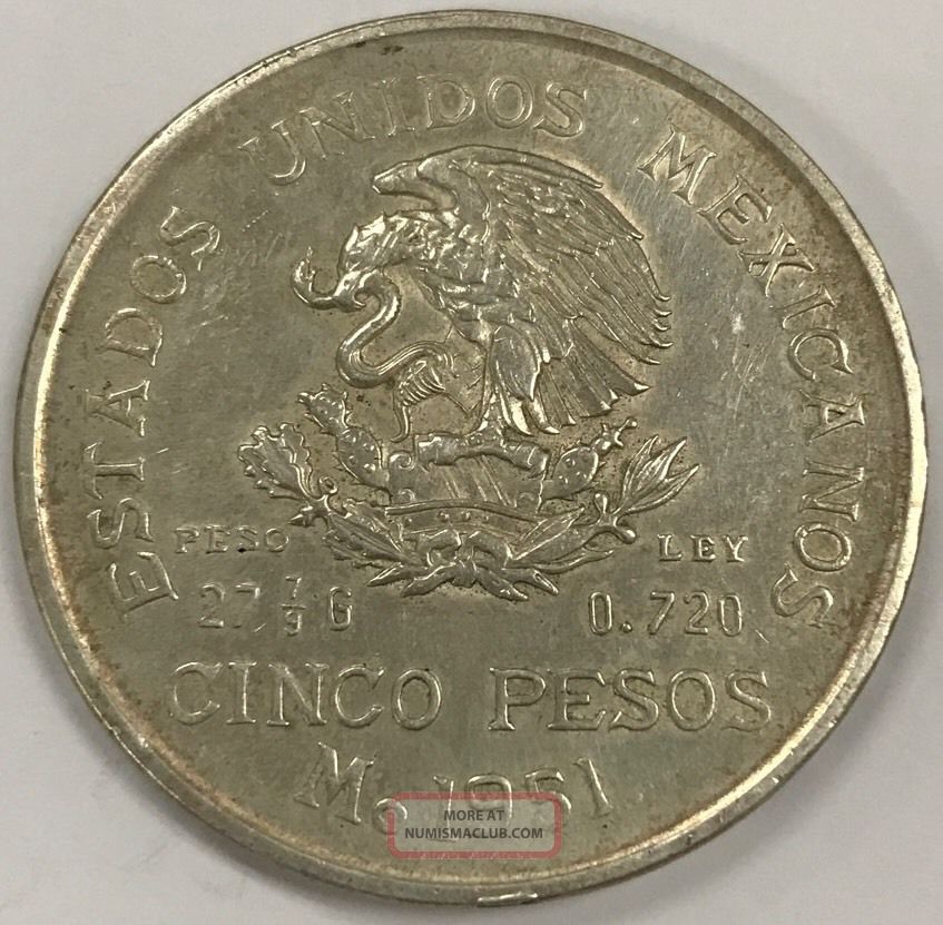 1951 Mexico Hidalgo Silver 5 Pesos Coin Collectible Coin 1515b Mexico photo