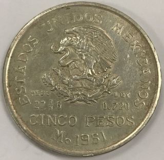 1951 Mexico Hidalgo Silver 5 Pesos Coin Collectible Coin 1515b photo