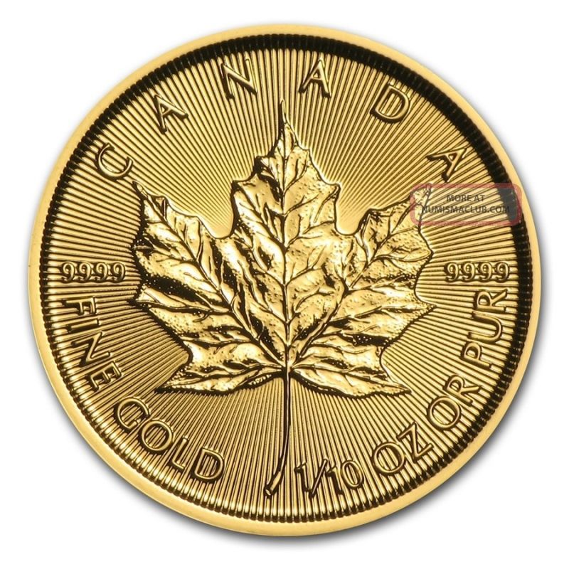 1/10 Oz 2016 Gold (canada) Canadian Maple Leaf $5 Bu Gold photo