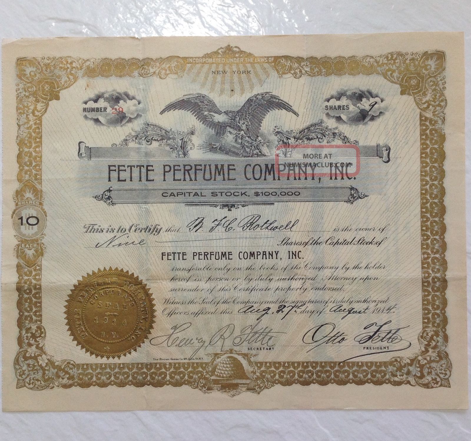 Fette Perfume Company Inc Stock Certificate 1914 9 Shares Beauty Company Inc Stocks & Bonds, Scripophily photo