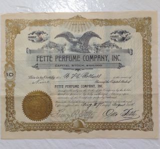Fette Perfume Company Inc Stock Certificate 1914 9 Shares Beauty Company Inc photo