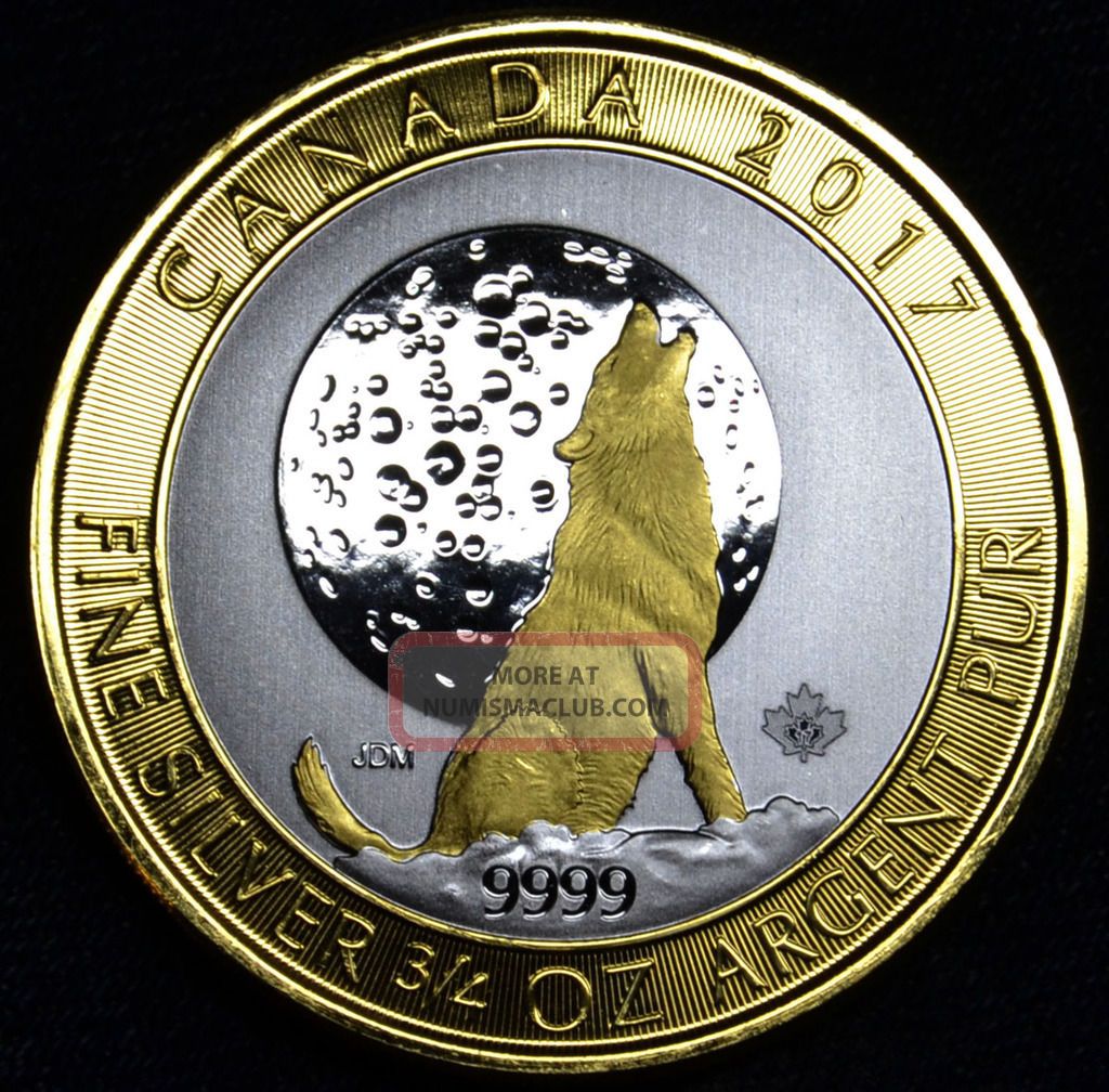 Canada 2017 3/4 Oz Ounce Canadian Silver Wolf Moon Coin 24k Gold Gilded,  Box Coins: Canada photo