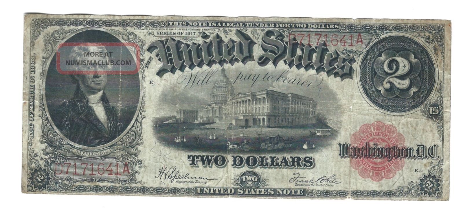 1917 Series $2 Two Dollar Bill Large Size Banknote Red Seal Very Fine Large Size Notes photo