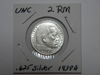 Ww2 German 2 Mark Silver Coin 3rd Reich With Large Swastika Brilliant Unc 1938a photo