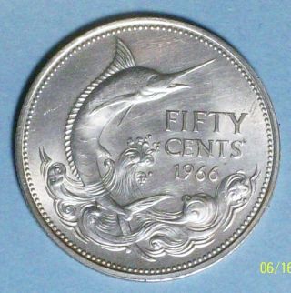 Bahamas 50 Cents 1966 Extra Fine/almost Uncirculated 0.  8000 Silver Coin photo