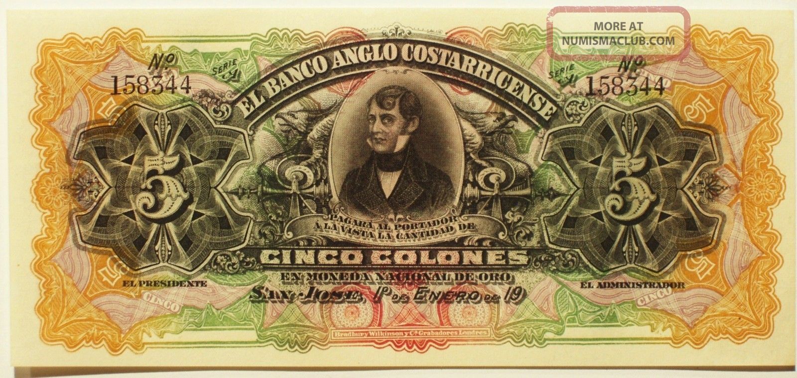 Colorful Unc 1900 ' S 5 Colones - Bank Of Costa Rica Brown Back Note Europe photo