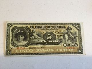 El Banco De Sonora Cinco 5 Pesos Mexican Banknote Crisp photo