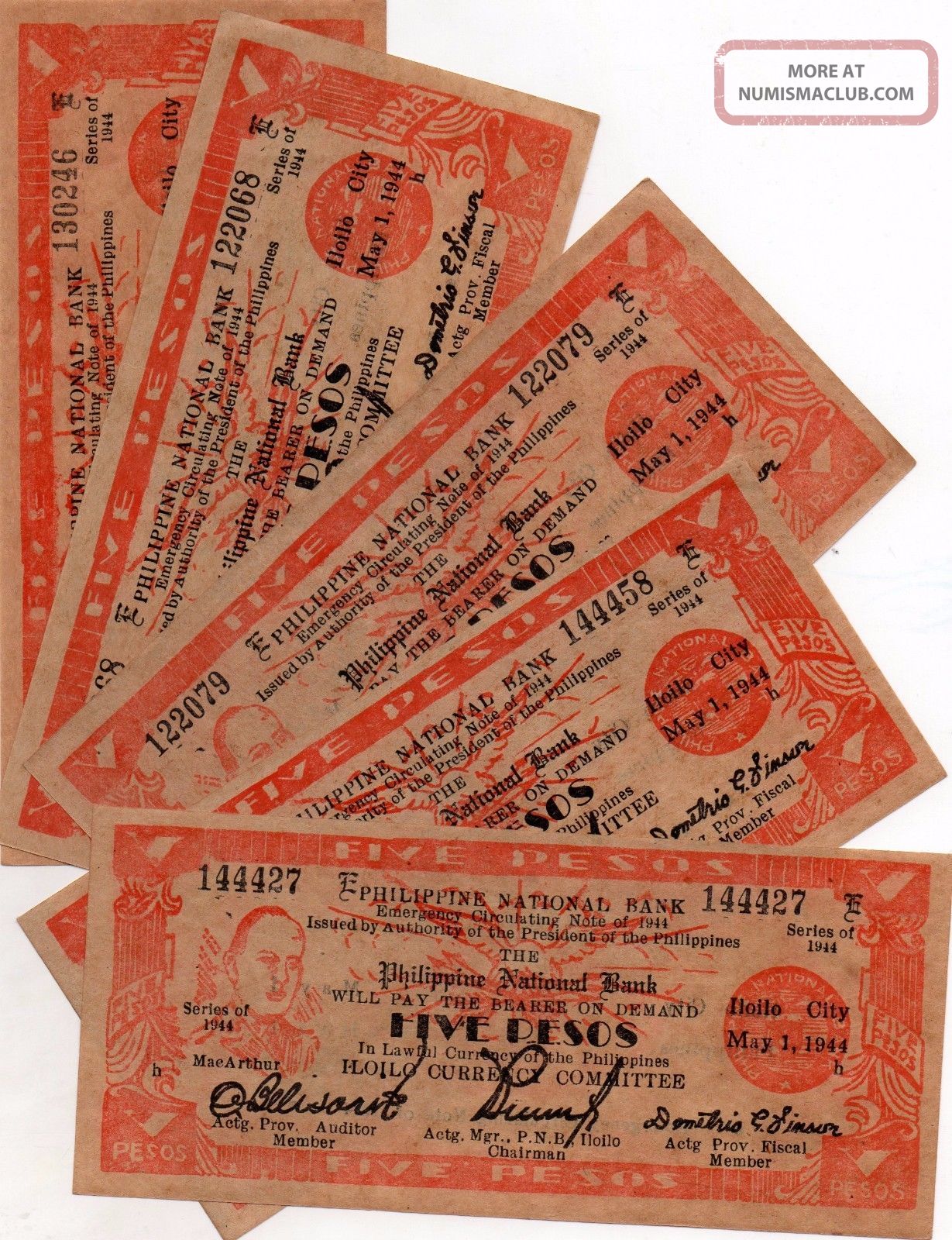 5 Ww2 1944 Iloilo Philippines 5 Pesos S341 Philippine National Bank Salmon Red Asia photo