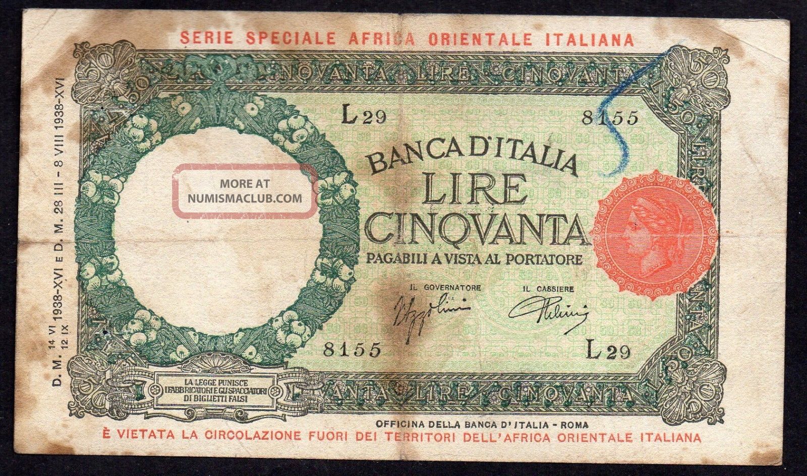 Italian East Africa - 50 Lire 1938,  L29,  P 1a Europe photo