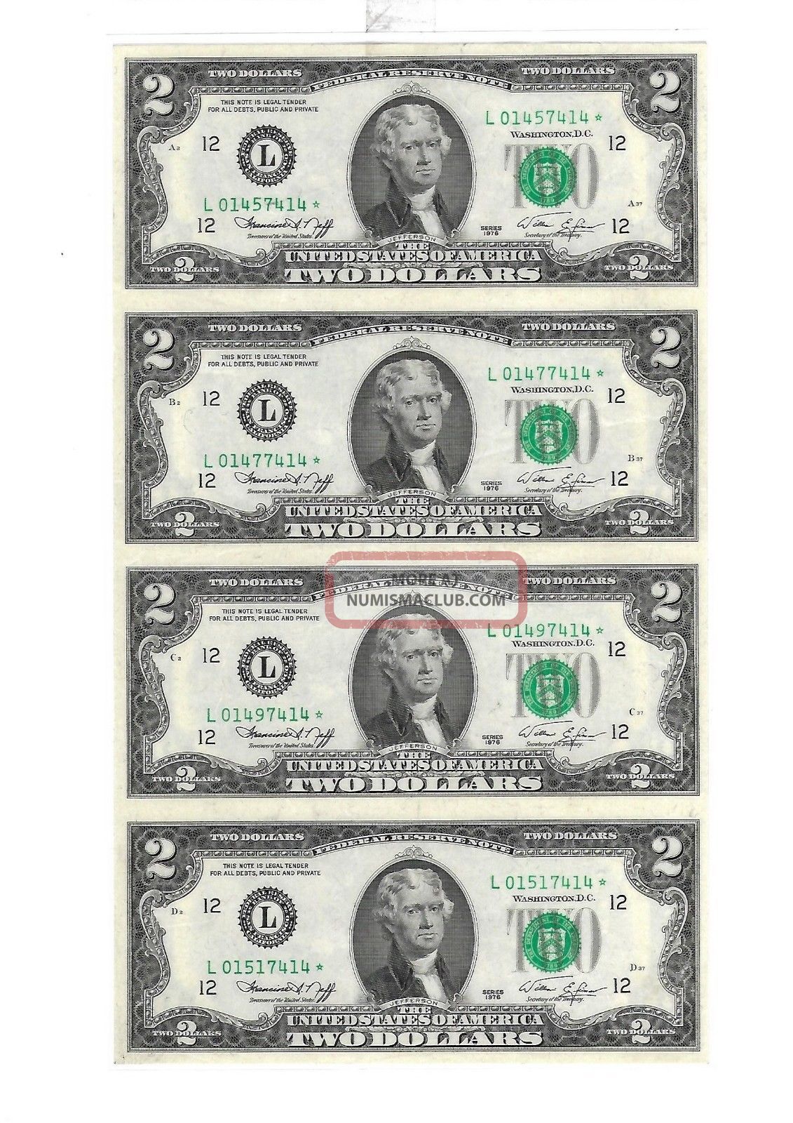 1976 Uncut Sheet Of 4 Crisp Usa 2 Dollars Uncirculated $2 Legal Money Gift Bills Paper Money: World photo