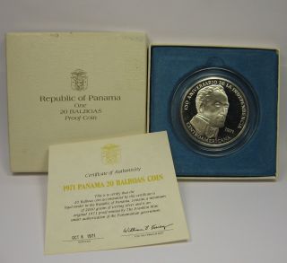 1971 Panama 20 Balboas Silver Coin 4.  16 Oz.  925 Sterling Proof Franklin photo