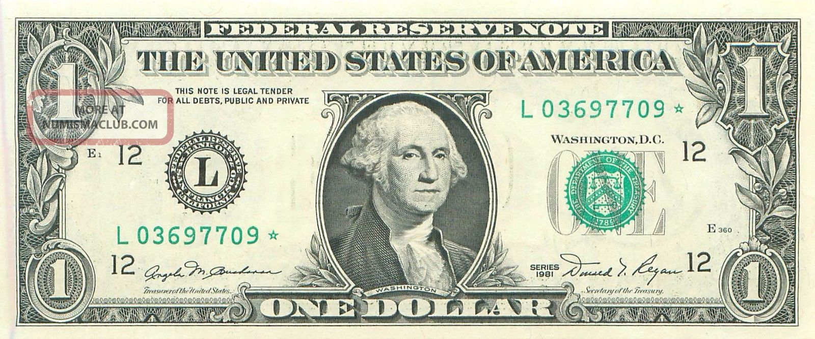 1981 Series L/ (san Francisco) Star Federal Reserve Note One Dollar Bill Small Size Notes photo