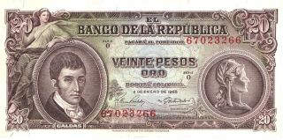 1965 Banco De La Republica - Colombia 20 Pesos Oro In Unc Pick: 401c photo