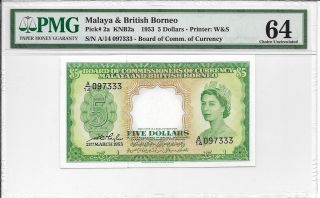 Malaya & British Borneo,  Board Of Comm.  Of Currency - $5,  1953.  Pmg 64.  Rare. photo