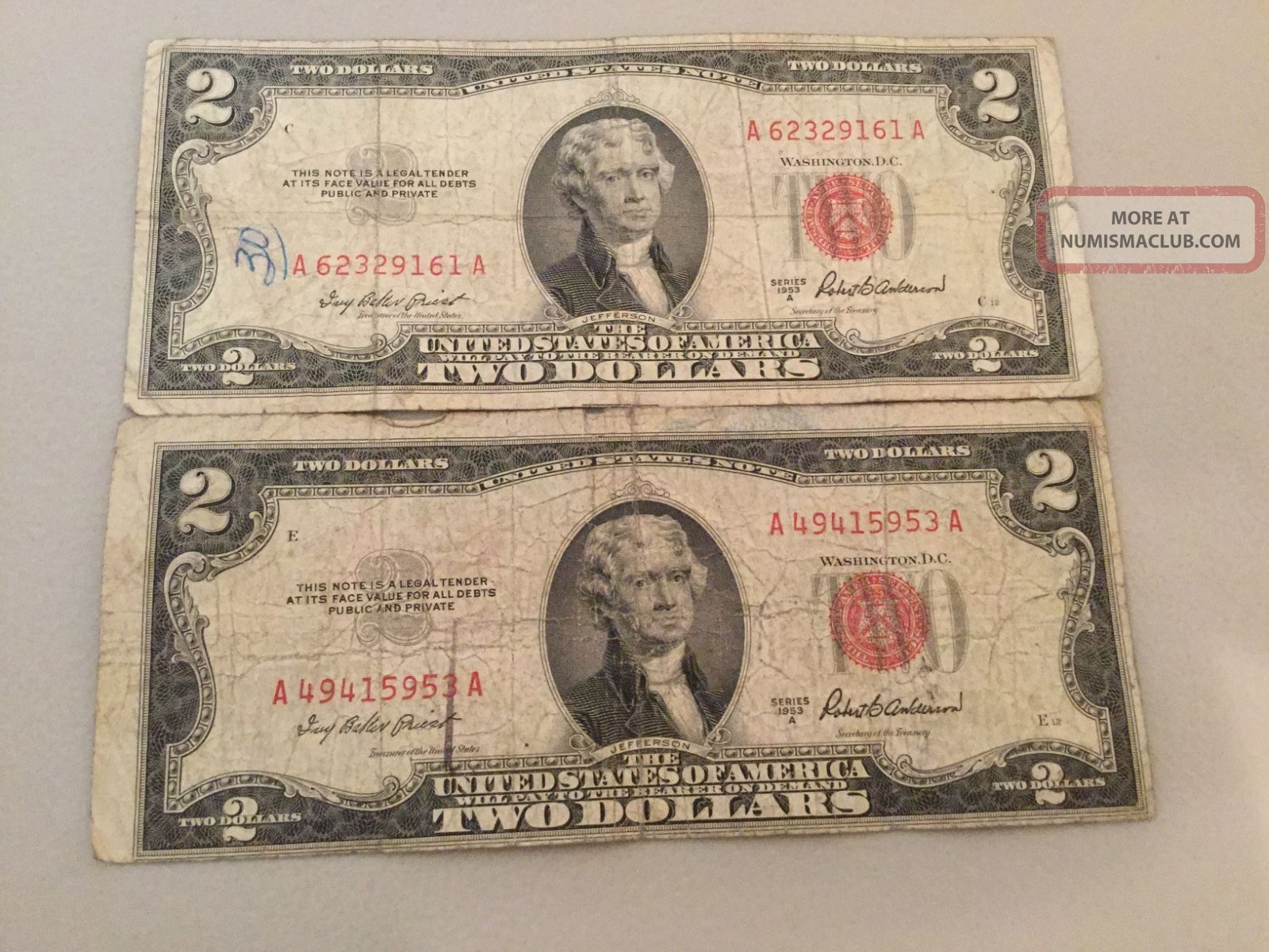 2 1953 - A $2 Two Dollar Bills Red Seal,  United States Note,  1953a Small Size Notes photo