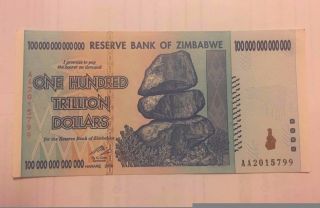 100 Trillion Zimbabwe Dollar Banknote Uncirculated 2008 Aa photo