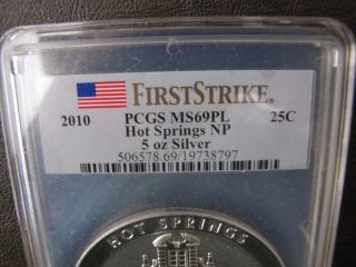 2010 Pcgs Pl (proof Like) 5oz Silver Atb Hot Springs Np First Strike With Flag photo